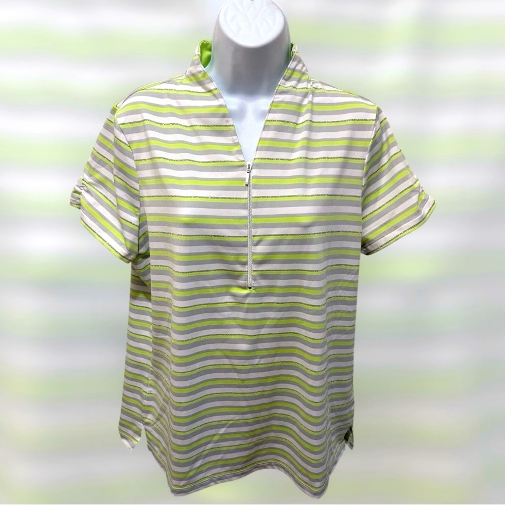 Zenergy Golf by Chicos Striped Short Sleeve Top Front Zipper Size 12 -Chicos 2
